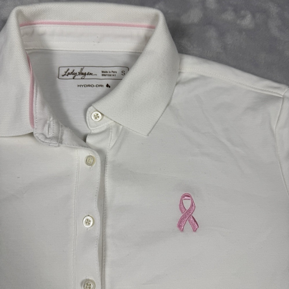 Lady Hagen Polo Womens‎ Size S Whites W/ Pink Breast Cancer Logo *